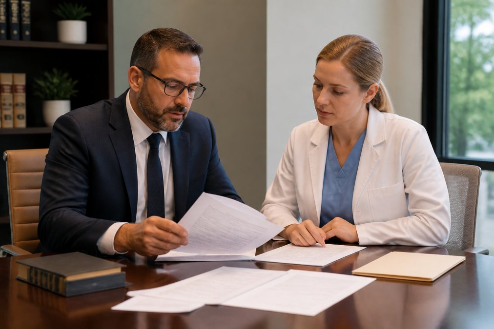 Healthcare provider and legal counsel reviewing formation documents and business structure paperwork together at a professional desk in a modern office setting