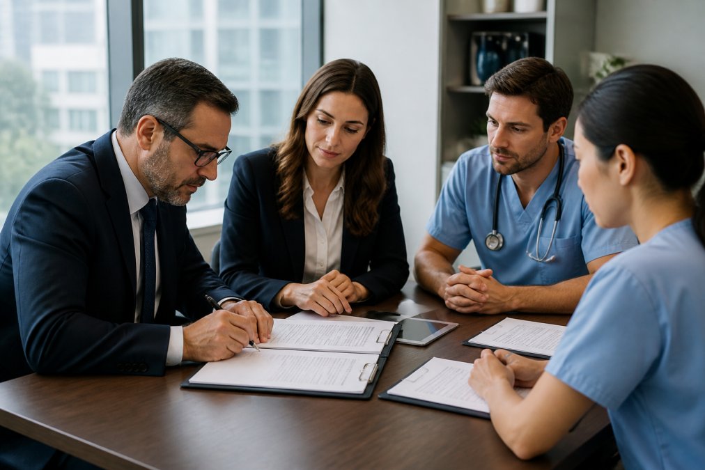 Healthcare business professionals signing and reviewing detailed contract documents at a conference table in a modern medical office, with focused attention on the paperwork and professional engagement