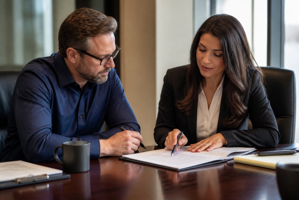 Business owner and attorney reviewing lease documents together at a conference table with notepads, coffee, and lease agreement visible under warm office lighting