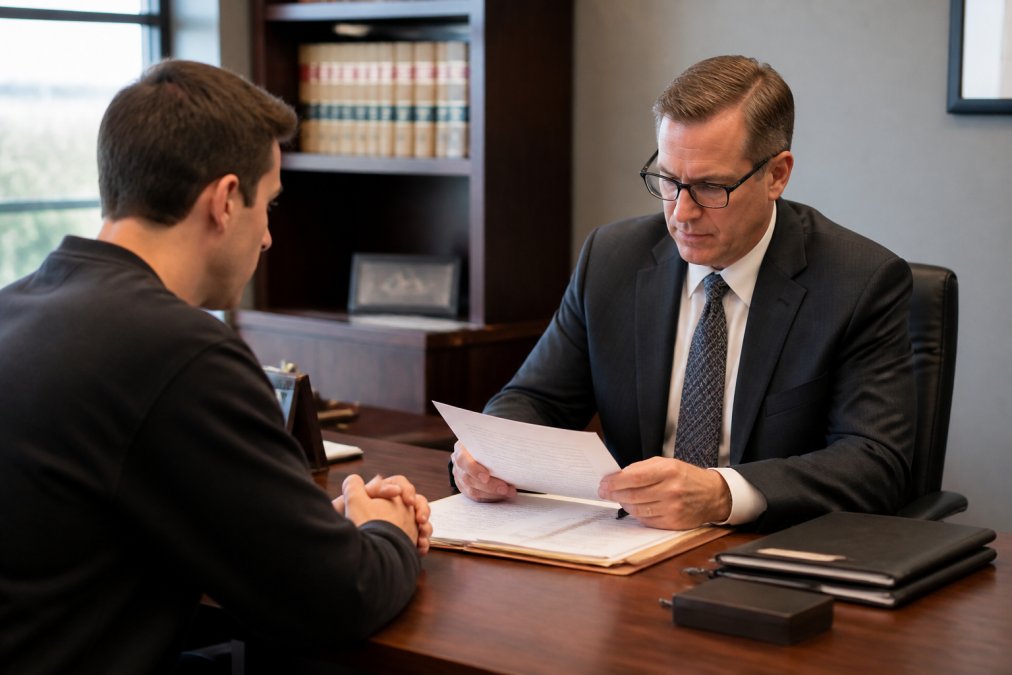 Criminal defense attorney meeting with client in modern law office, reviewing case documents together at desk, both focused with professional demeanor and natural lighting