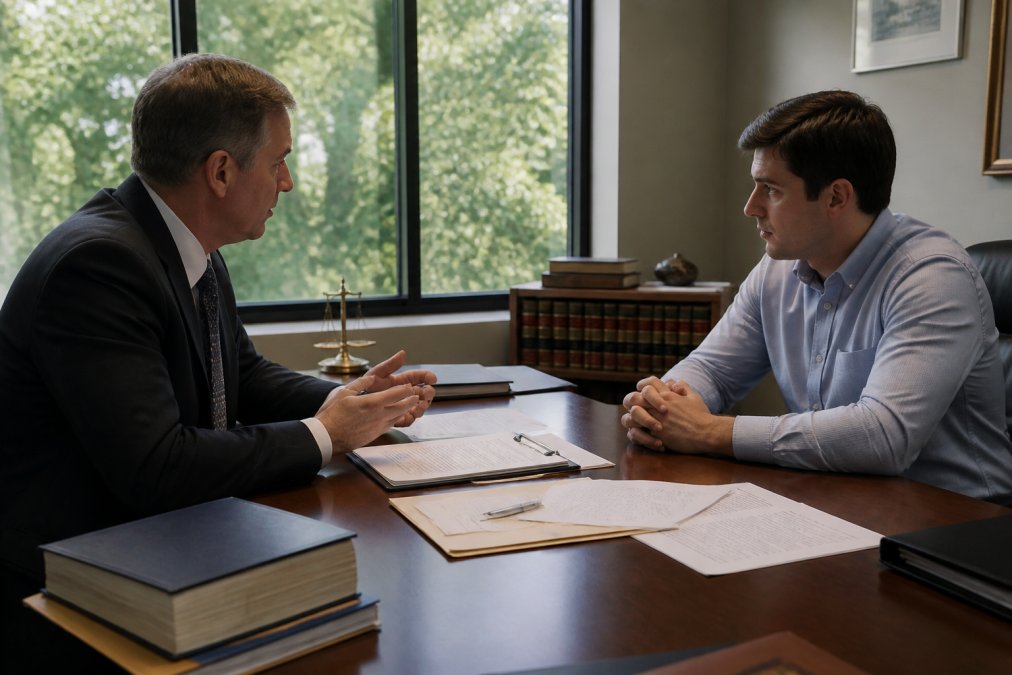Professional attorney and client in serious consultation, sitting across from each other at a wooden desk covered with case files and legal documents, in a formal law office with natural light from windows