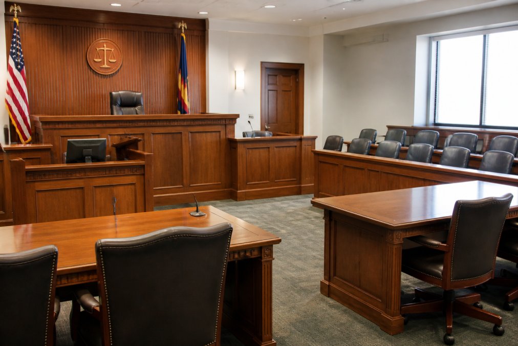 Interior of a formal courtroom with elevated judge's bench, witness stand, jury box, and wooden furniture, showing the structured legal environment where criminal proceedings occur under fluorescent and natural lighting