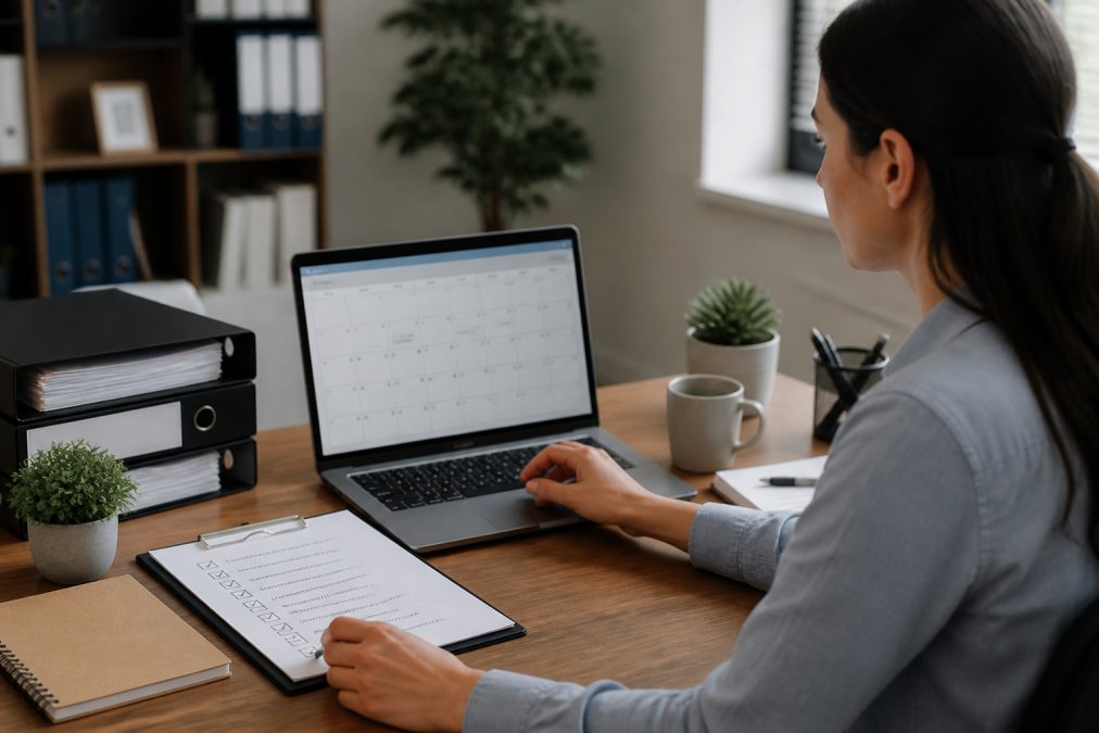Small business owner working at desk with laptop open displaying calendar, compliance checklist document, and organized business files in natural office lighting