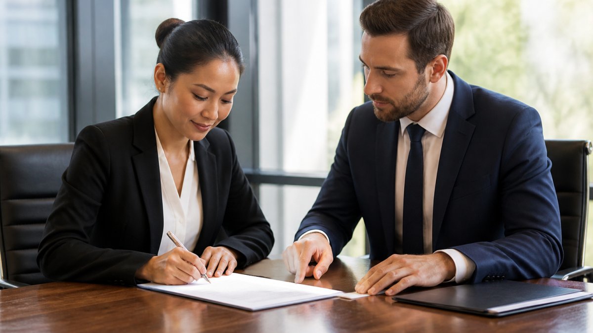 Two business professionals reviewing and signing commercial lease documents at a conference table in a bright office with large windows