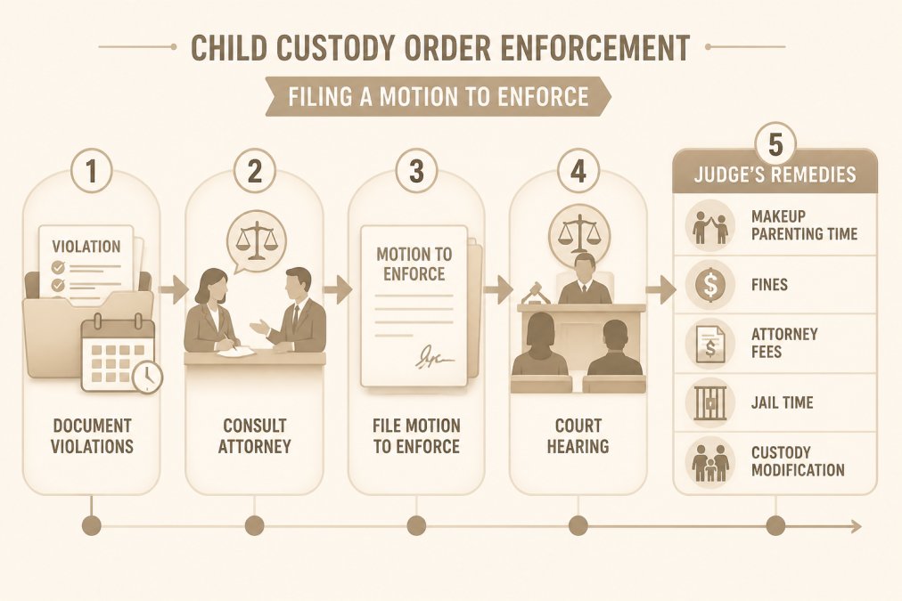 Flowchart detailing the legal process for enforcing child custody orders and the potential penalties for violations.