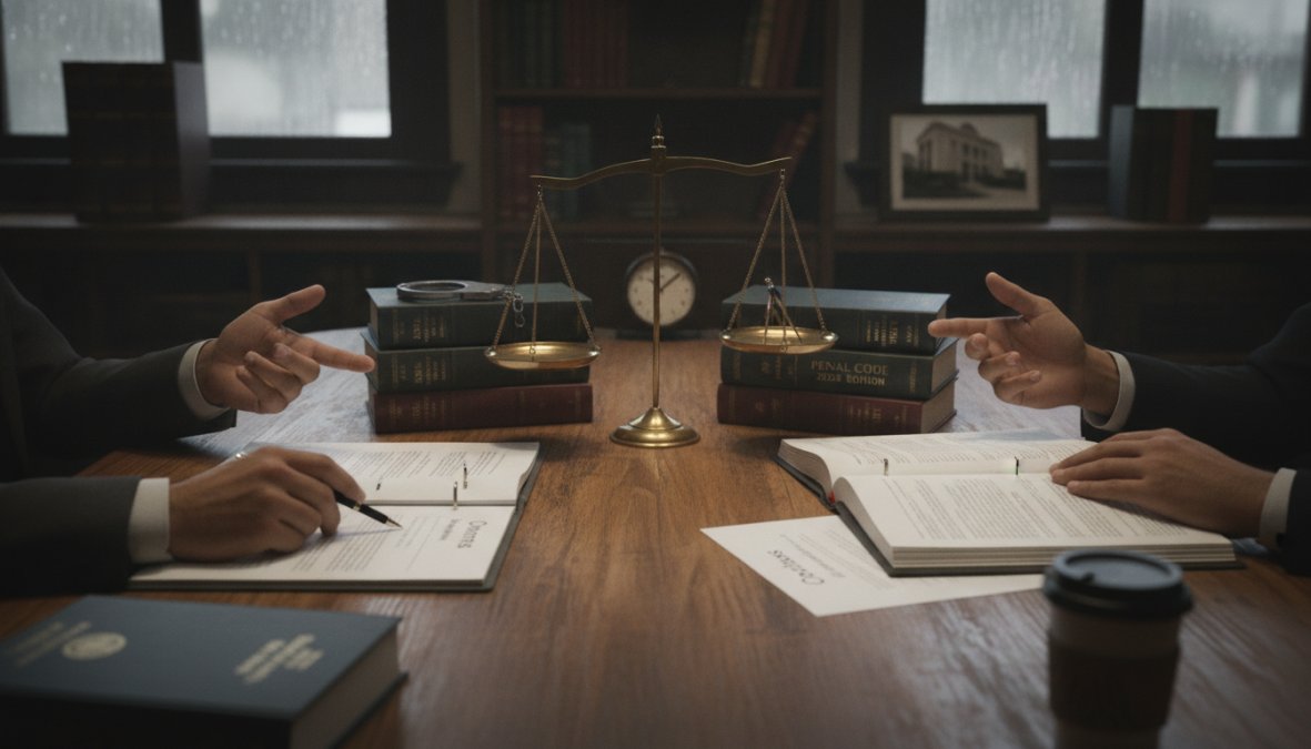 A defense attorney and client in a professional law office conference room, sitting at a wooden table reviewing legal documents together, with serious focus and consultation between them