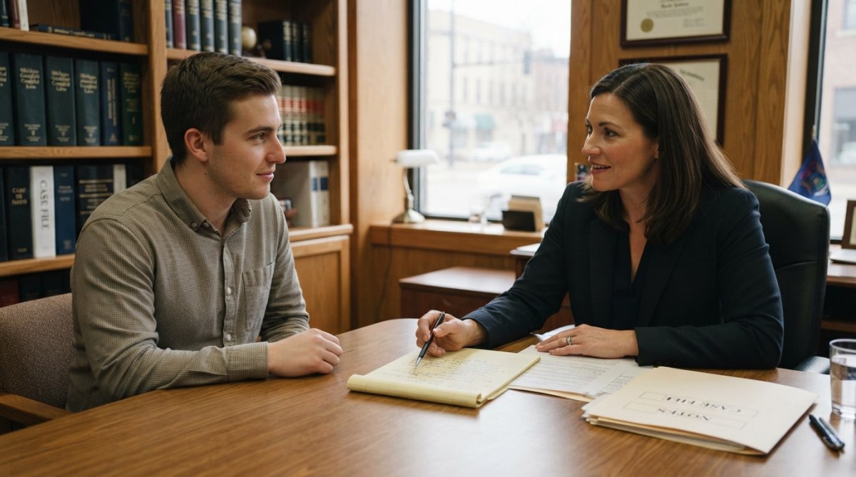 Criminal defense attorney meeting with client in professional law office, reviewing documents and discussing case strategy at wooden desk with natural lighting