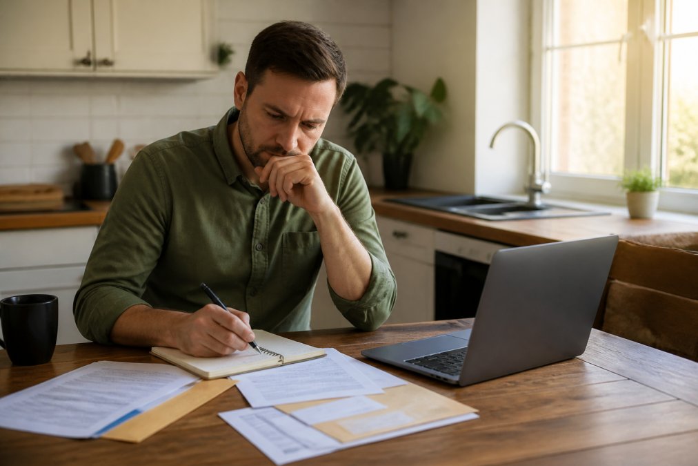 A person sitting at a kitchen table reviewing official-looking legal documents and taking notes on a notepad, with a laptop open nearby showing a legal resource website, warm afternoon light coming through a nearby window