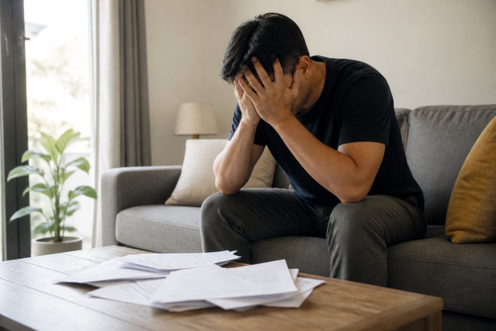 A stressed adult sitting on a couch with their head in their hands, papers spread across a coffee table in front of them, soft natural light filtering through a nearby window casting a quiet, subdued atmosphere