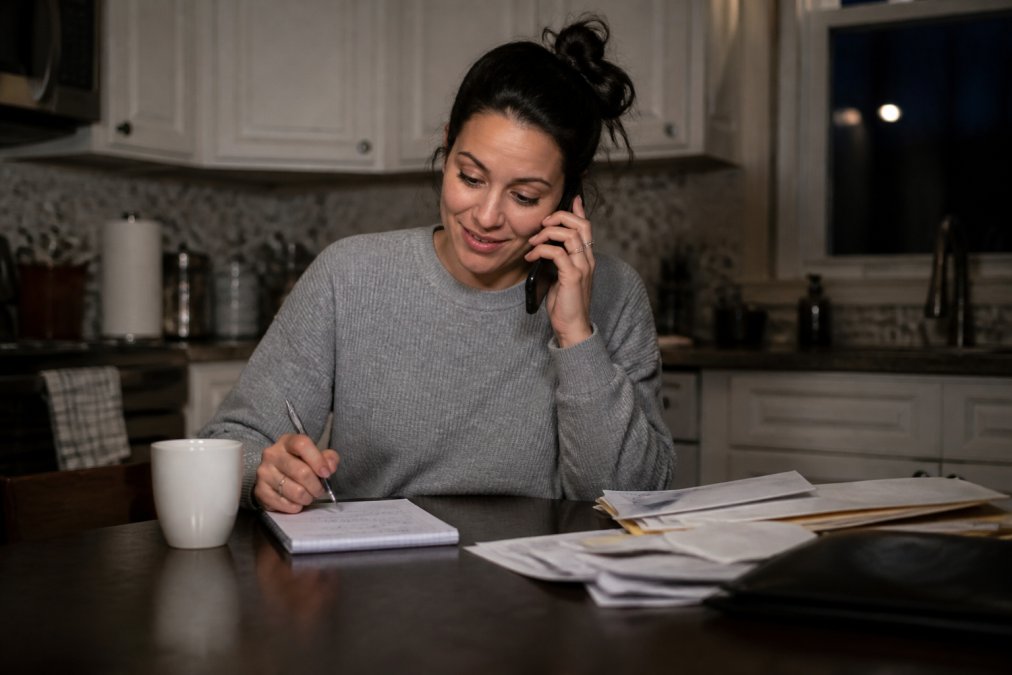 A family member sitting at a kitchen table at night with a phone in one hand, a notepad with handwritten booking numbers, and a cup of coffee, looking relieved while speaking with a bail agent