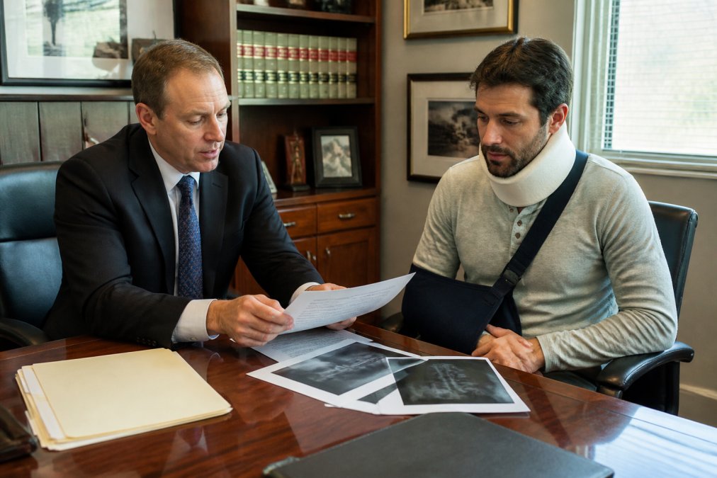 Professional attorney in business attire meeting with injured client at wooden desk in modern law office, reviewing medical documents and accident reports together, natural office lighting
