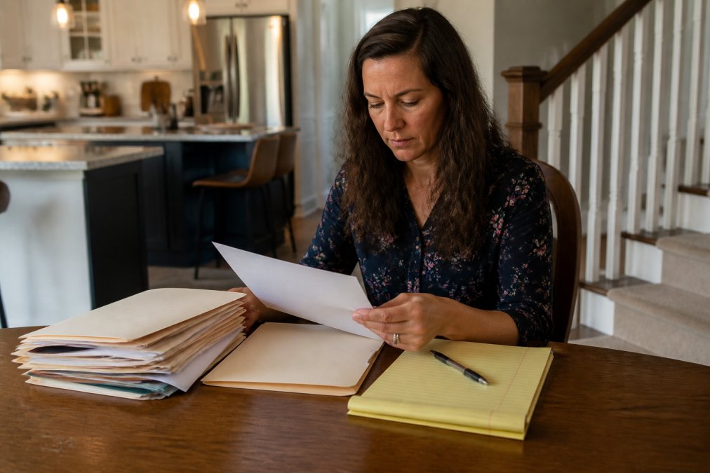 A person sitting at a kitchen table with a folder of documents, a notepad, and a pen, reviewing paperwork before meeting with an attorney