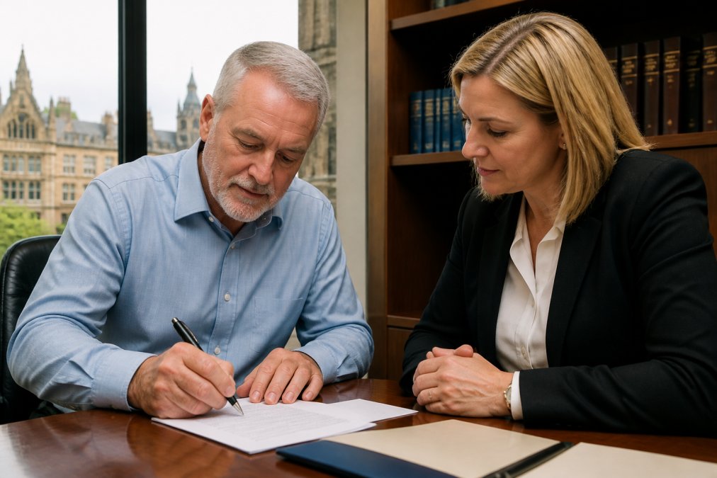 Person signing legal documents at desk with solicitor present, paperwork and pen visible, natural daylight office setting in Glasgow legal firm