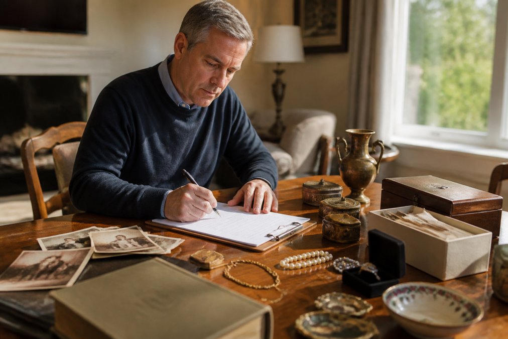 Executor sitting at a wooden table with estate documents, clipboard, and personal items including jewelry, photographs, and antique objects, carefully documenting inventory in natural afternoon light from a window