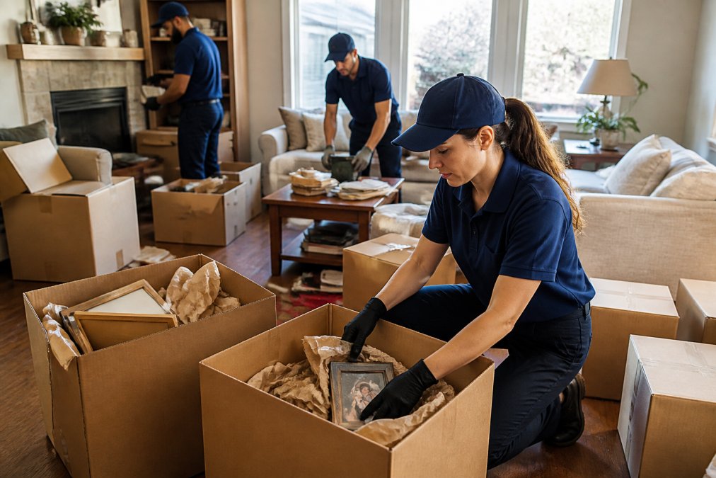 Professional estate cleanout crew in branded uniforms carefully removing and sorting household items in a residential living room, with labeled boxes and organizational systems visible, natural light streaming through windows