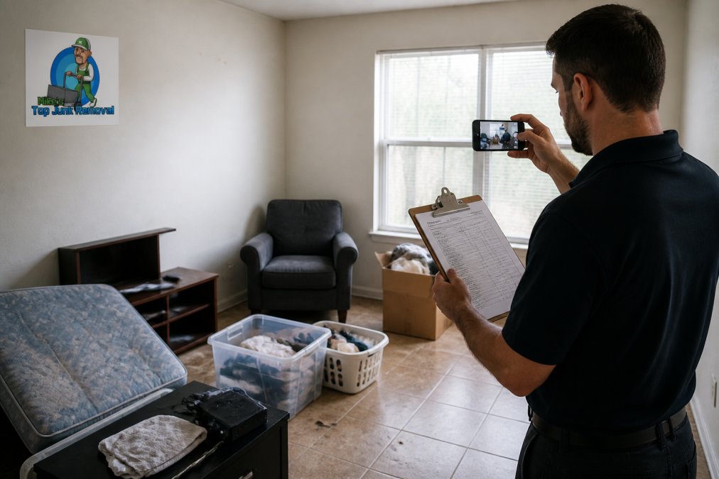 Property manager documenting abandoned items for eviction cleanouts in a Tampa rental unit