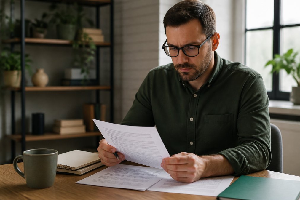 Business owner reviewing a contract on a laptop with a cup of coffee and notepad on desk, focused and professional