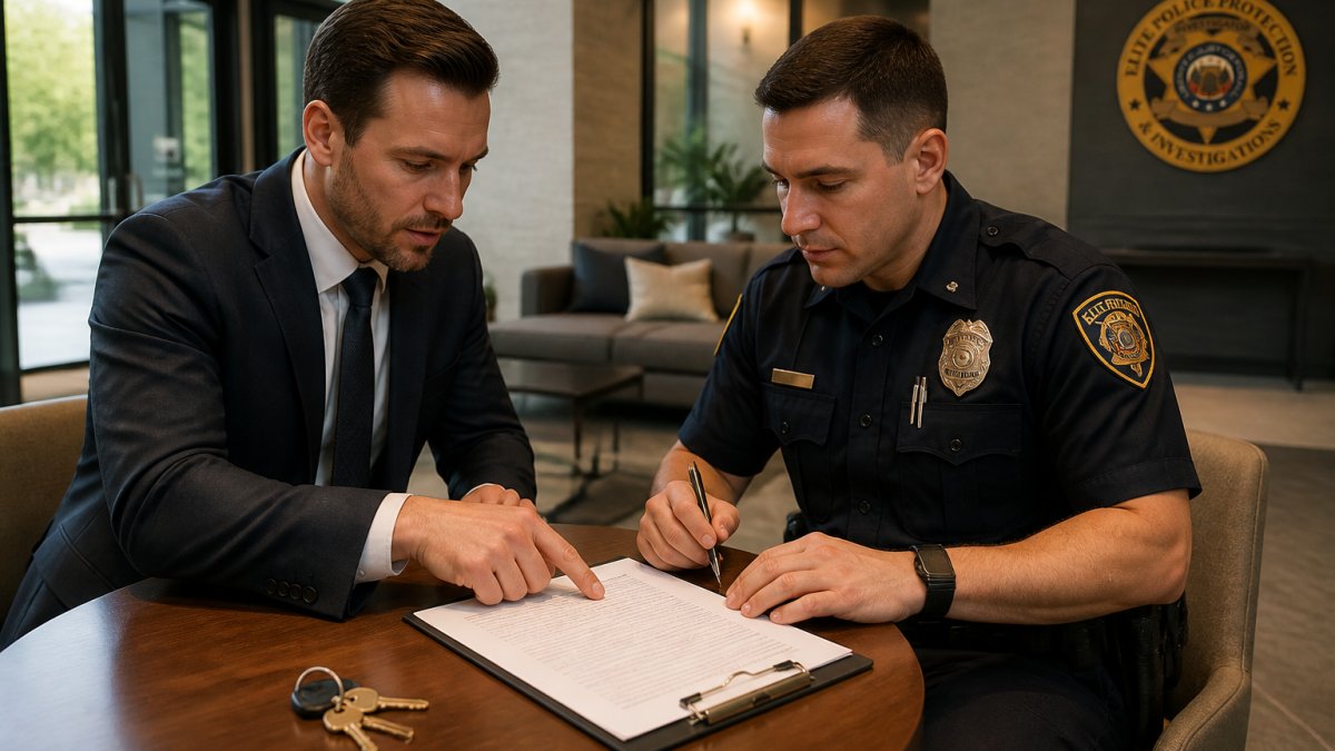 A property manager and a uniformed off-duty police officer reviewing a printed contract at a table in a commercial building lobby, with a clipboard and building keys visible
