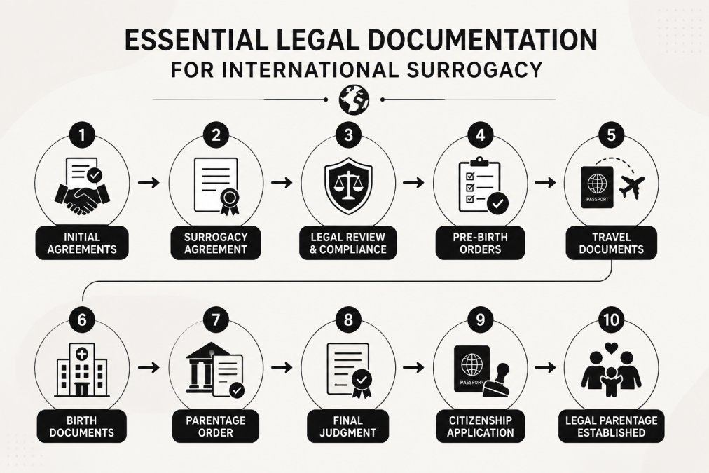 Professional illustration showing international surrogacy