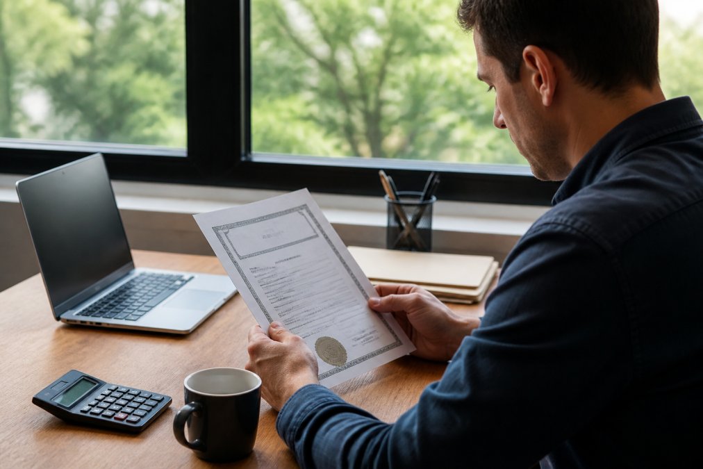 A real estate investor reviewing a Certificate of Authority document at a wooden desk with a laptop, calculator, and coffee cup, natural light from a window