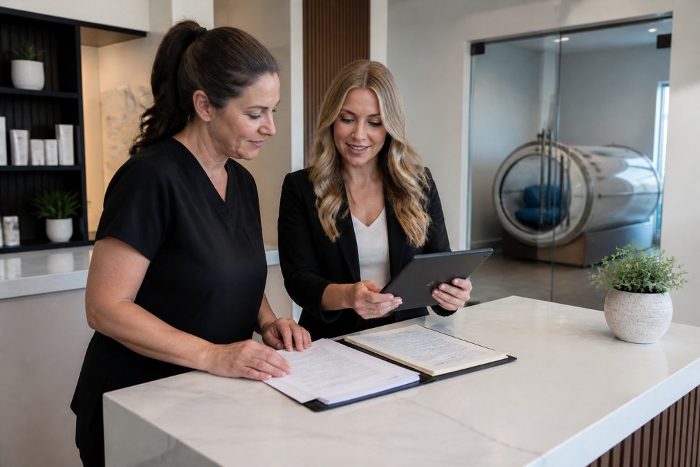 Clinic manager and agent reviewing insurance for hyperbaric chamber regulations at a modern wellness facility.
