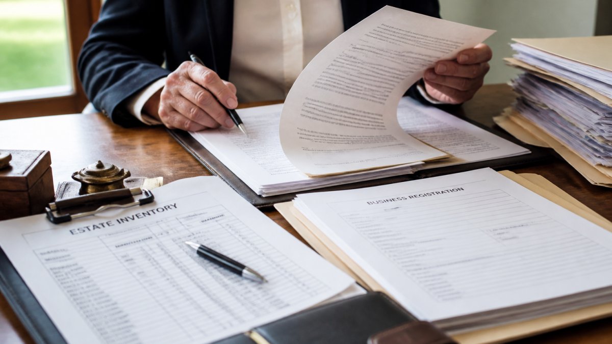 Professional estate liquidator reviewing legal requirements for professional estate liquidators at a desk