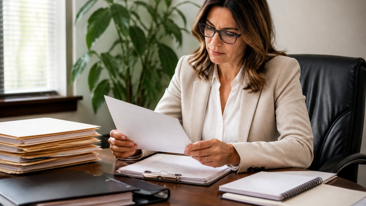 Healthcare business owner reviewing registration documents and compliance checklist at desk with computer, papers, and folders in organized office setting with natural lighting