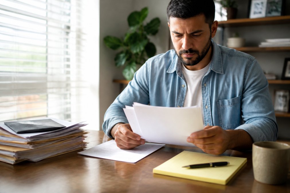 Person sitting at desk reviewing legal documents and a summons with a notepad and pen nearby, looking focused and determined in natural office lighting