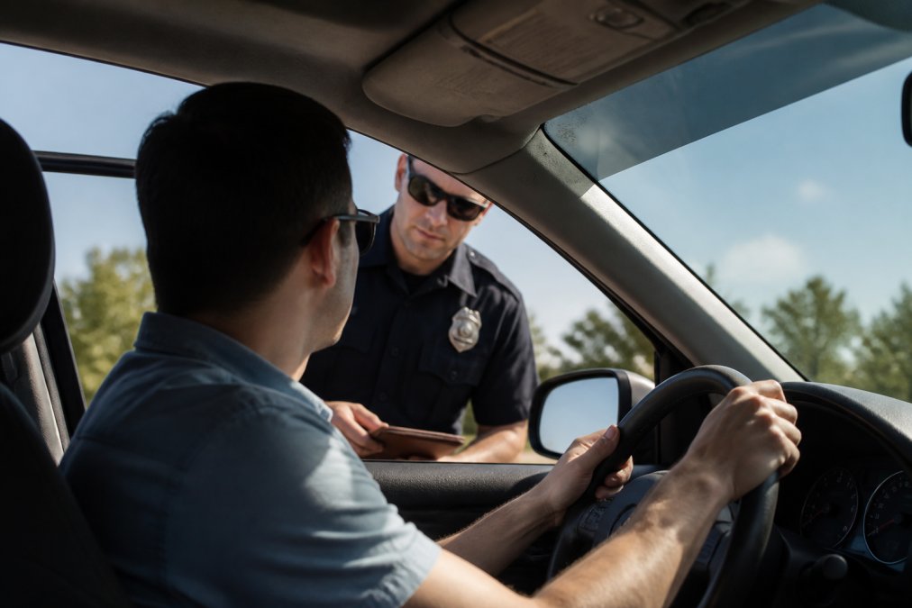 Police officer approaching a vehicle window during a daytime traffic stop, visible through the windshield with the driver's hands visible on the steering wheel, neutral lighting