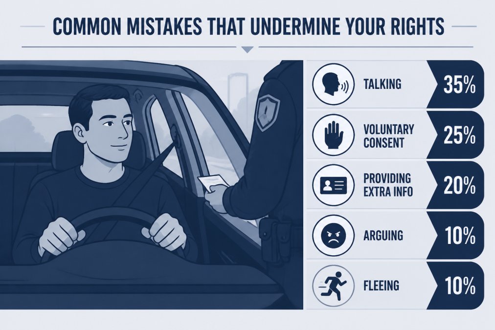 Driver with a calm, composed expression inside a vehicle, hands visible on steering wheel, during daytime, showing controlled body language during law enforcement interaction