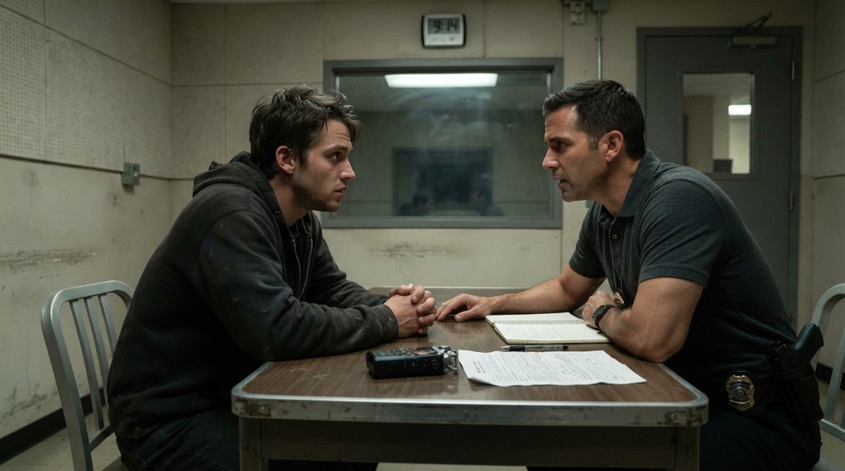 A person sitting across from a police officer at a metal table in a sparse interrogation room with a recording device visible, showing tension and careful listening