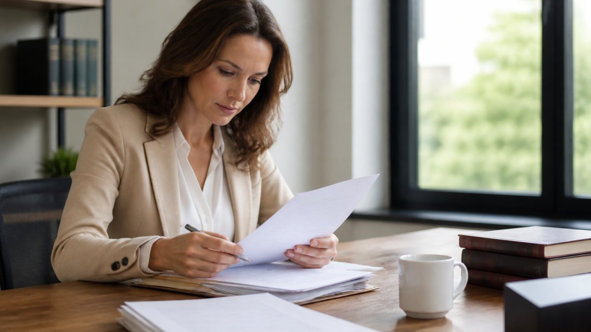 Professional woman reviewing legal documents at a desk by a window with coffee
