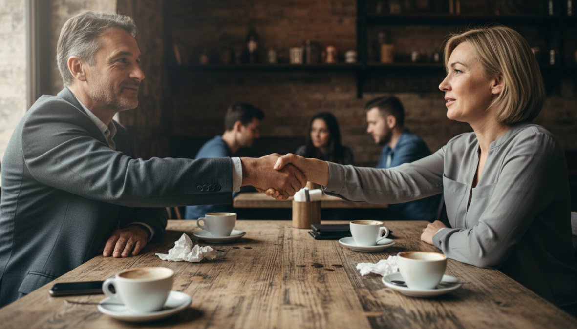 Two business professionals shaking hands across a conference table in a modern office, no paperwork visible between them, warm overhead lighting suggesting an informal agreement