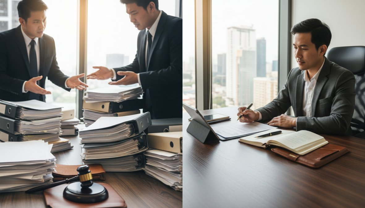 A stressed small business owner in a suit reviewing legal documents across a desk from a lawyer in a professional office, with stacks of papers and a laptop visible under warm overhead lighting