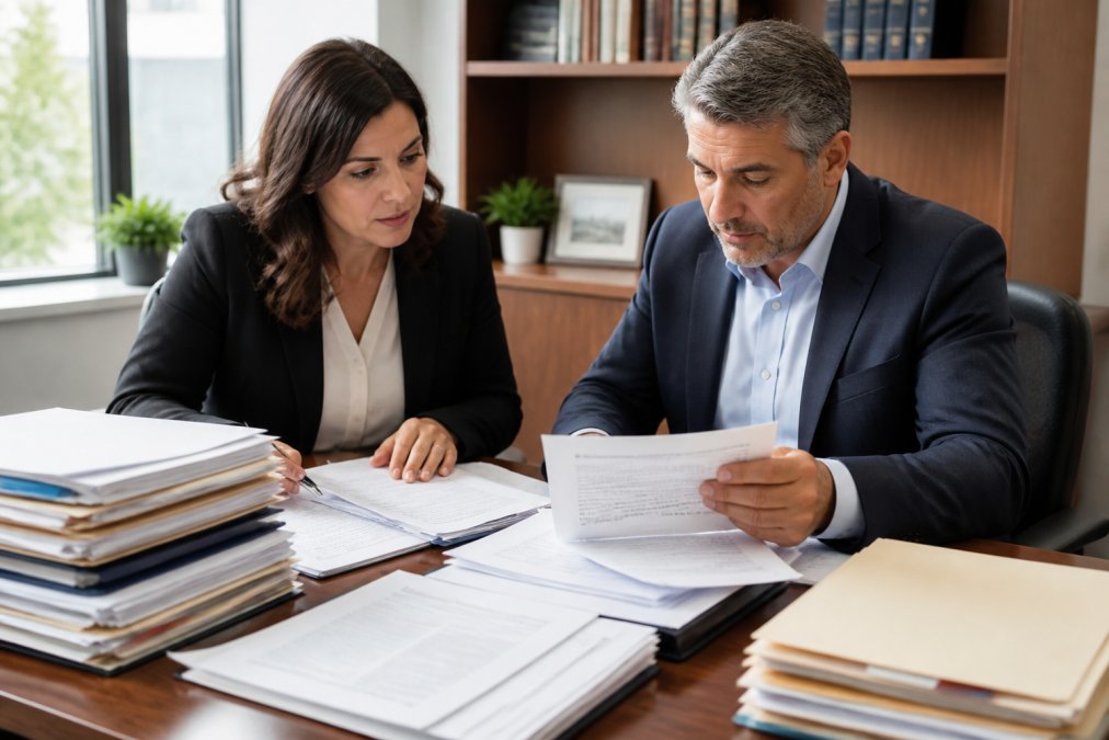 Healthcare practice owner and compliance officer reviewing medical documentation and audit records at a desk with multiple folders, papers spread across the surface, and a computer screen displaying compliance data and charts in a modern office setting with natural window lighting