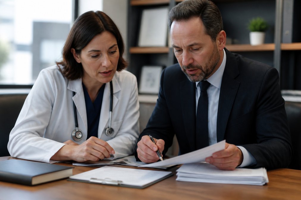 Physician and lawyer reviewing contract documents to address legal risks of physician independent contractor agreements