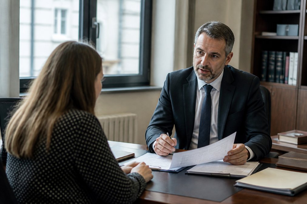 Professional solicitor meeting with client in consultation room, reviewing documents and discussing case details at desk with natural lighting