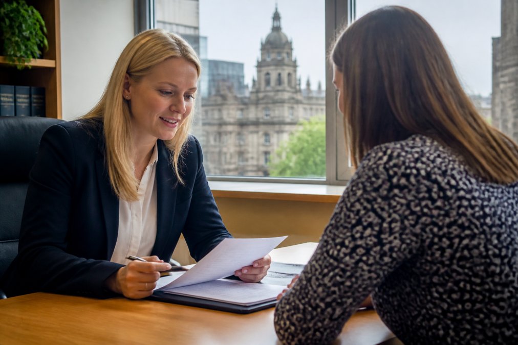 A professional solicitor meeting a client in a modern Glasgow office, reviewing documents together at a desk with natural light from a window