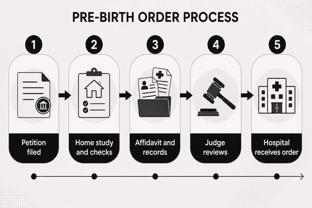 Flowchart outlining the legal steps to secure a pre-birth order for a surrogate baby before delivery.