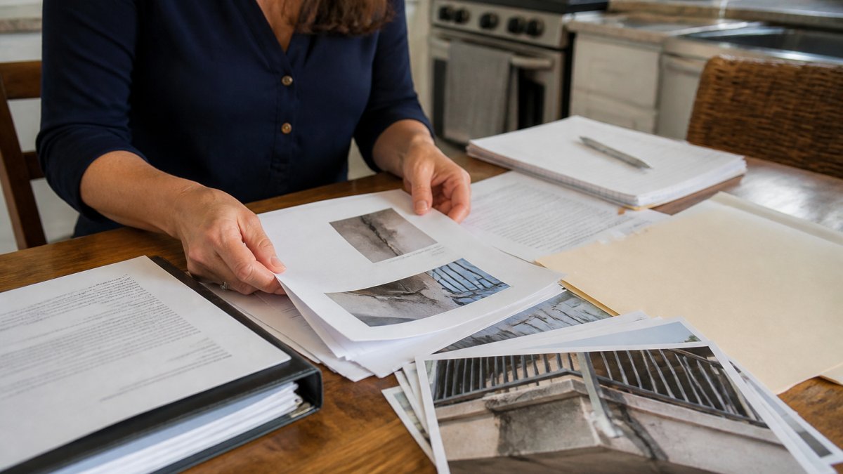 Close-up of a homeowner's hands organizing inspection reports, dated photos of a cracked balcony railing, and correspondence letters on a kitchen table