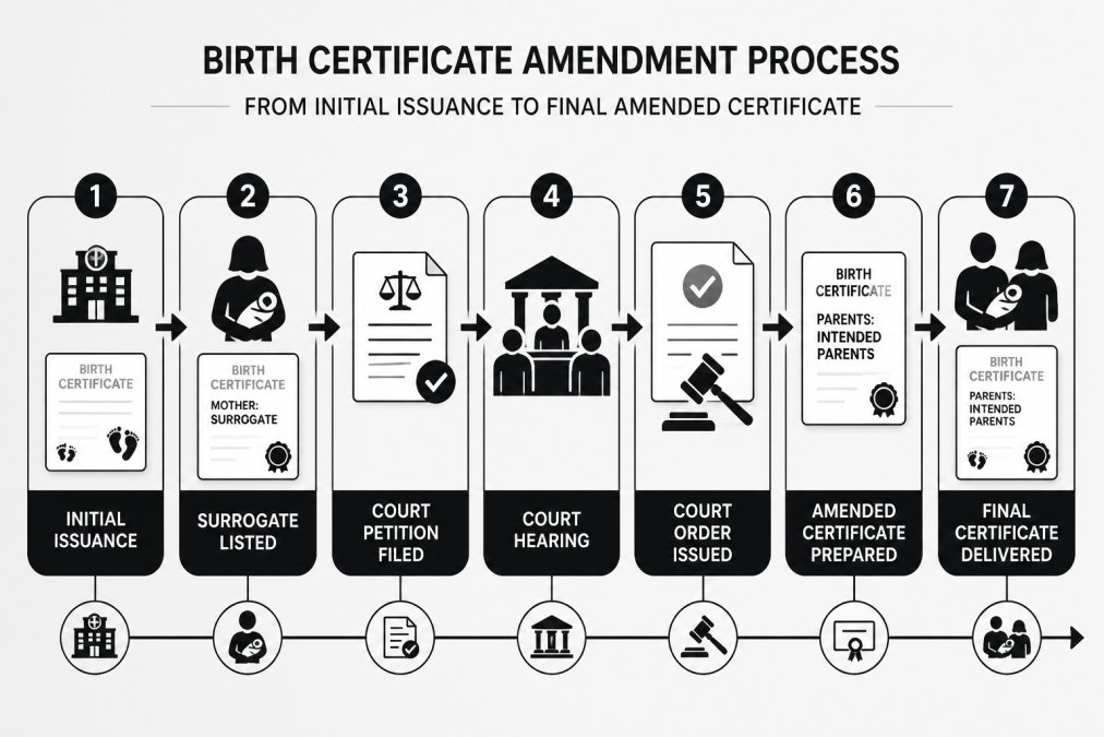 Professional illustration showing international surrogacy birth