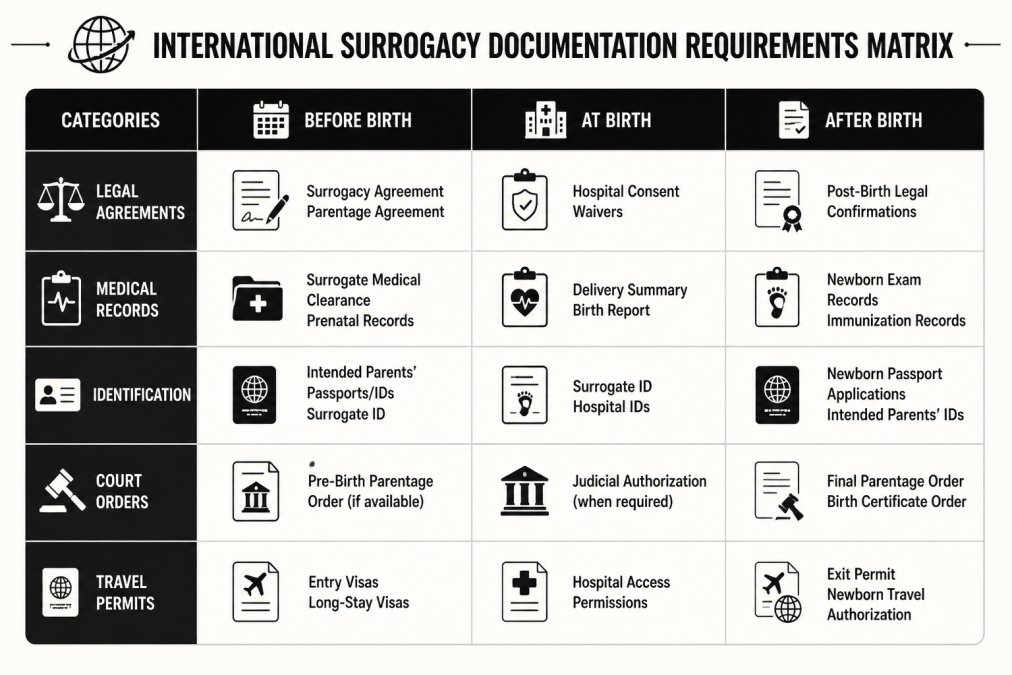 Professional illustration showing international surrogacy birth