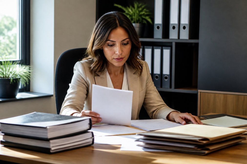 Business owner reviewing official documents and registration paperwork at desk with laptop and filing folders in modern office setting with natural lighting