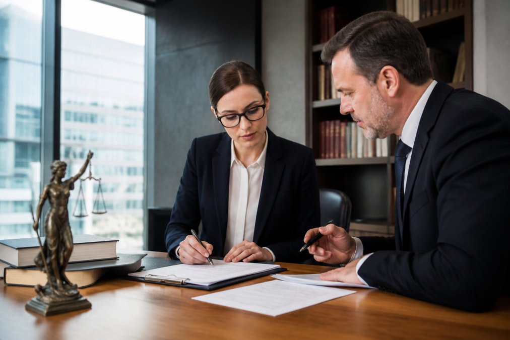 A business consultant reviewing legal documents with a colleague in a modern, bright office, a scale of justice figurine visible on the table