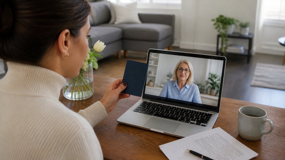 A person at a home desk holding up a passport to a laptop camera during a live video notarization session, with a signed document visible beside the keyboard