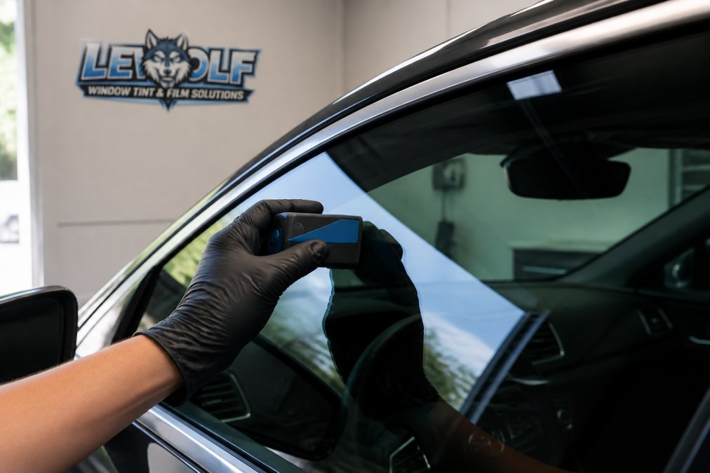A close-up photograph of a handheld tint meter being placed against the front side window of a modern car to measure VLT percentage, with a gloved hand holding the device and daylight reflecting off the glass