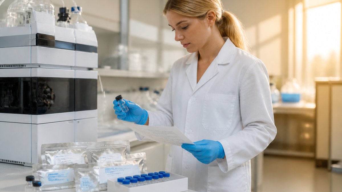 Onderzoeker in labjas die peptide-samples inspecteert met HPLC-certificaten en testresultaten op de werkbank, onder helder laboratoriumlicht