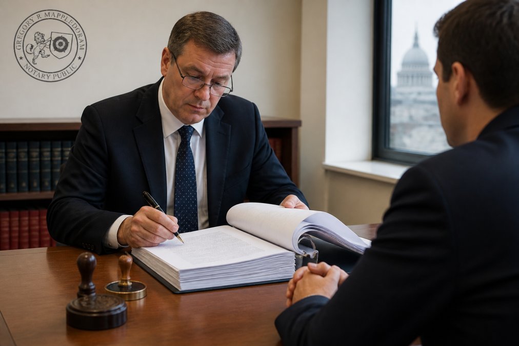 Notary public sealing cross-border contracts in a London office during the document notarisation process