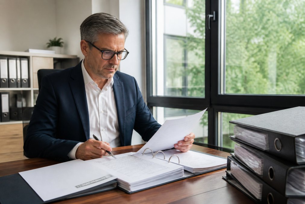 Business professional reviewing compliance documents on a computer screen in a modern office, with filing folders and corporate records visible on the desk, under bright natural lighting