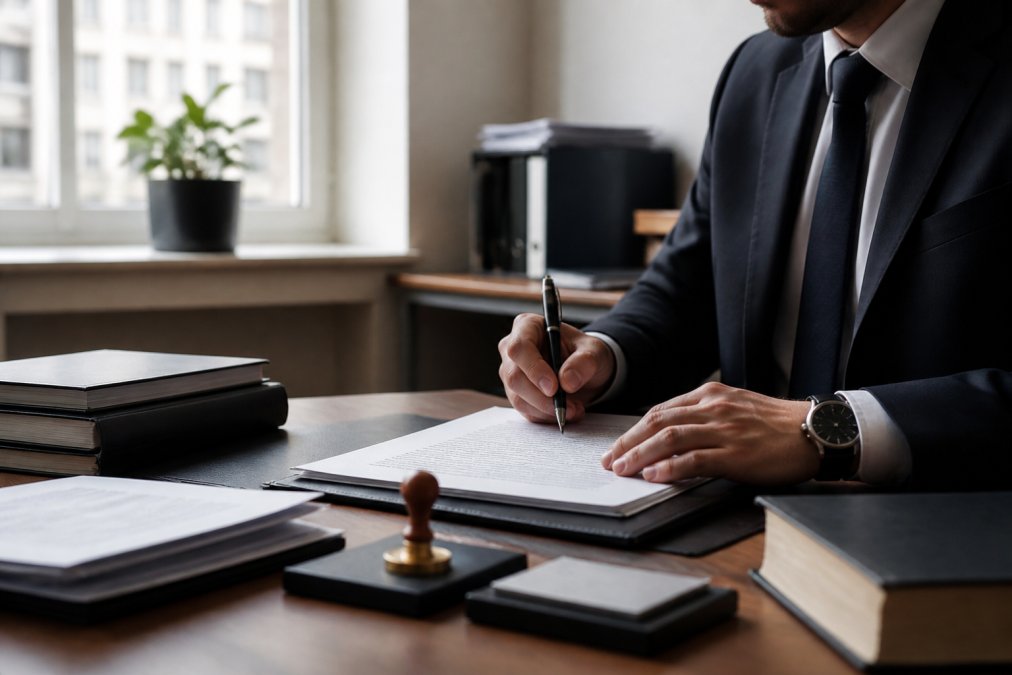 Professional seated at a desk reviewing legal documents and contracts with a notary stamp and pen visible, representing the formal setup process in a modern office environment